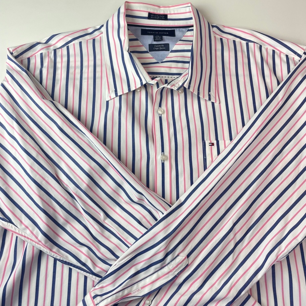 Tommy‎ Hilfiger Mens XXL Custom Fit Striped Button Down Shirt Pink Blue White